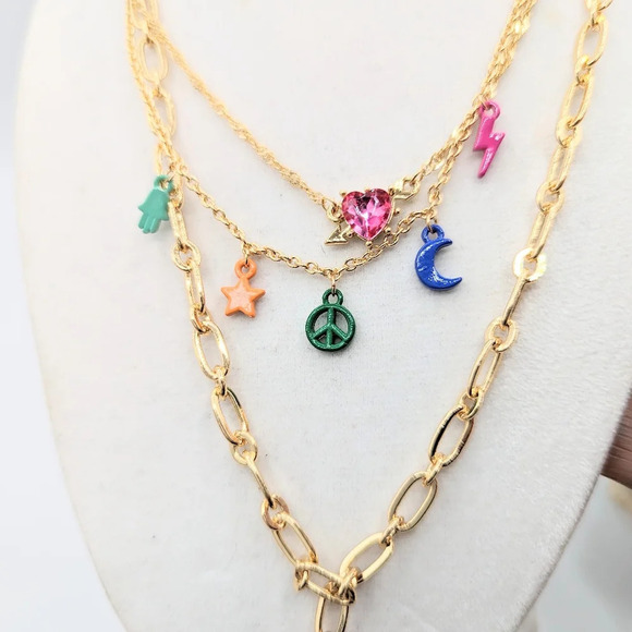 Charm Necklace / Goldtone Chains and Multicolored Charms - Picture 1 of 3